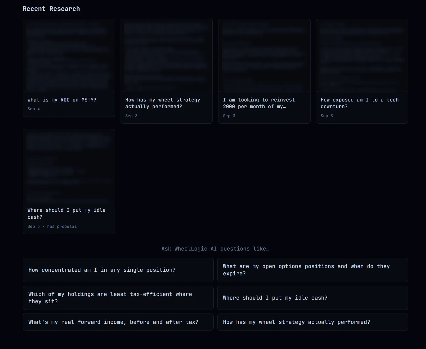 Recent Research showing saved report history and example questions