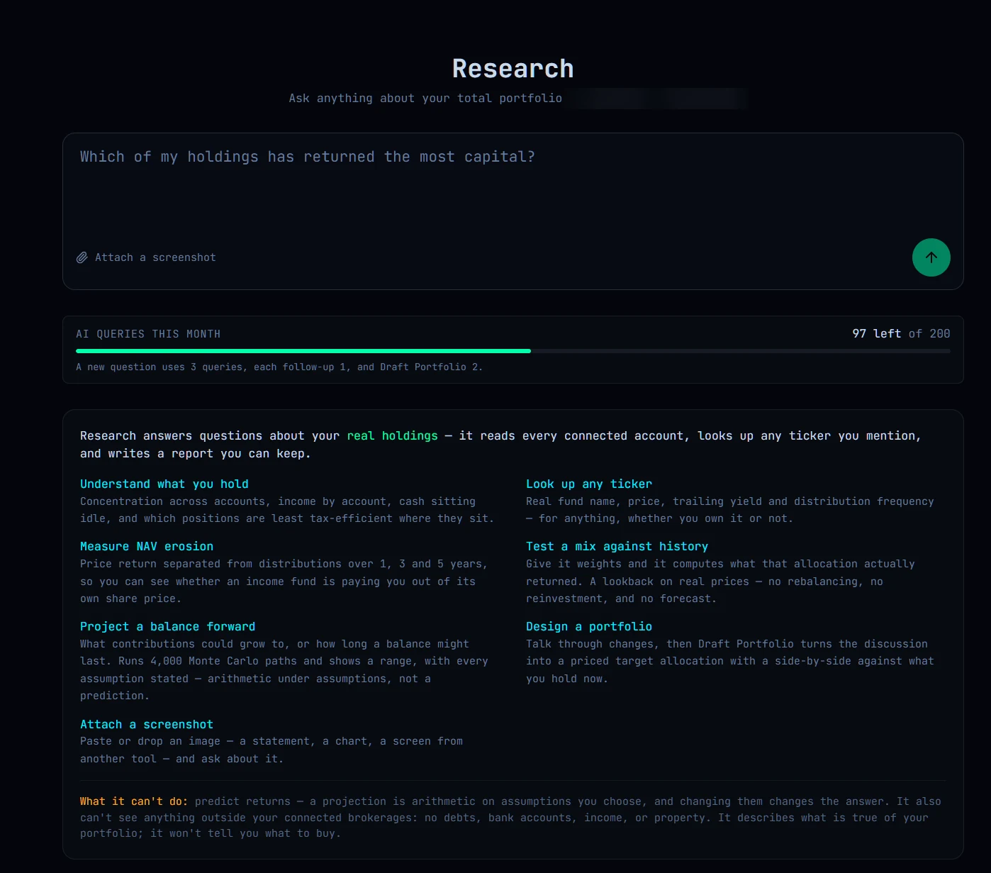 Research page showing the question box, remaining AI queries, and what Research can answer