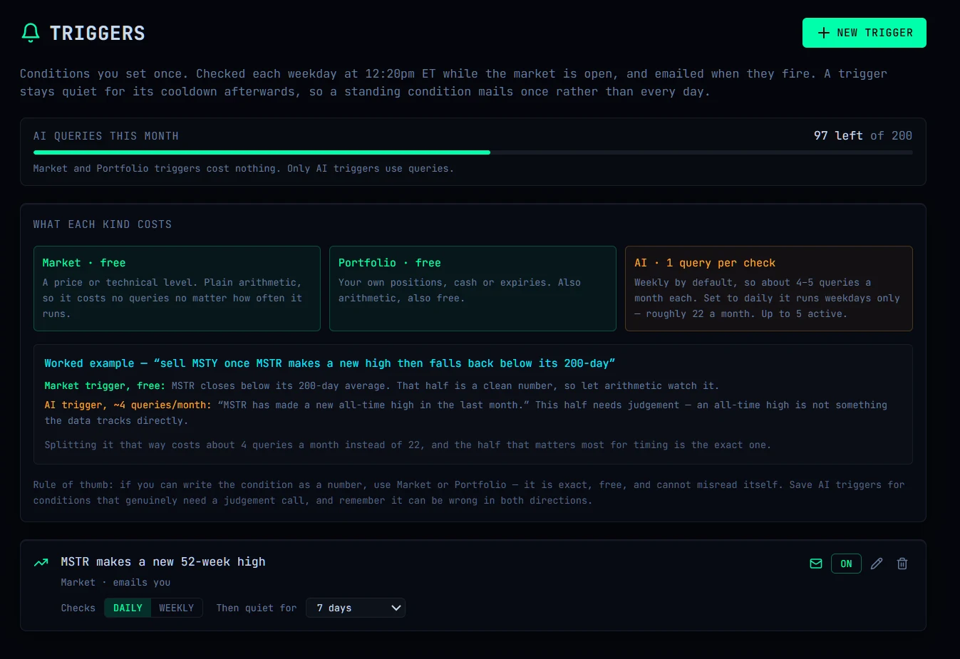 Triggers page showing what each kind of trigger costs, a worked example, and an active trigger with its cadence and cooldown